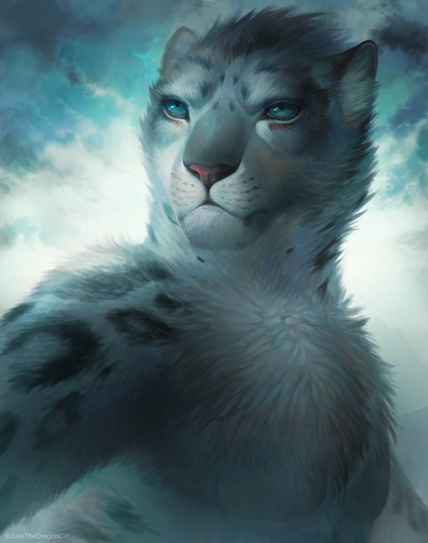 2017 anthro blue_eyes digital_media_(artwork) feline fur grey_fur juliathedragoncat leopard male mammal solo whiskers white_fur