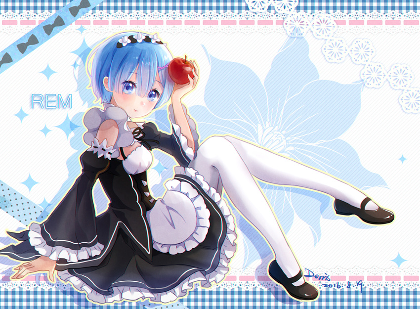 apple apron aqua_eyes aqua_hair dorris dress food fruit headdress maid re:zero_kara_hajimeru_isekai_seikatsu rem_(re:zero) short_hair signed