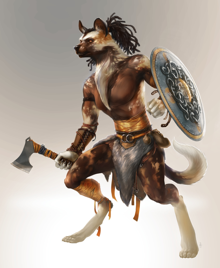 2017 african_painted_dog anthro barefoot black_nose brown_eyes canine clothing deadro digital_media_(artwork) digitigrade holding_object holding_weapon loincloth male mammal shield simple_background solo tribal_clothing weapon