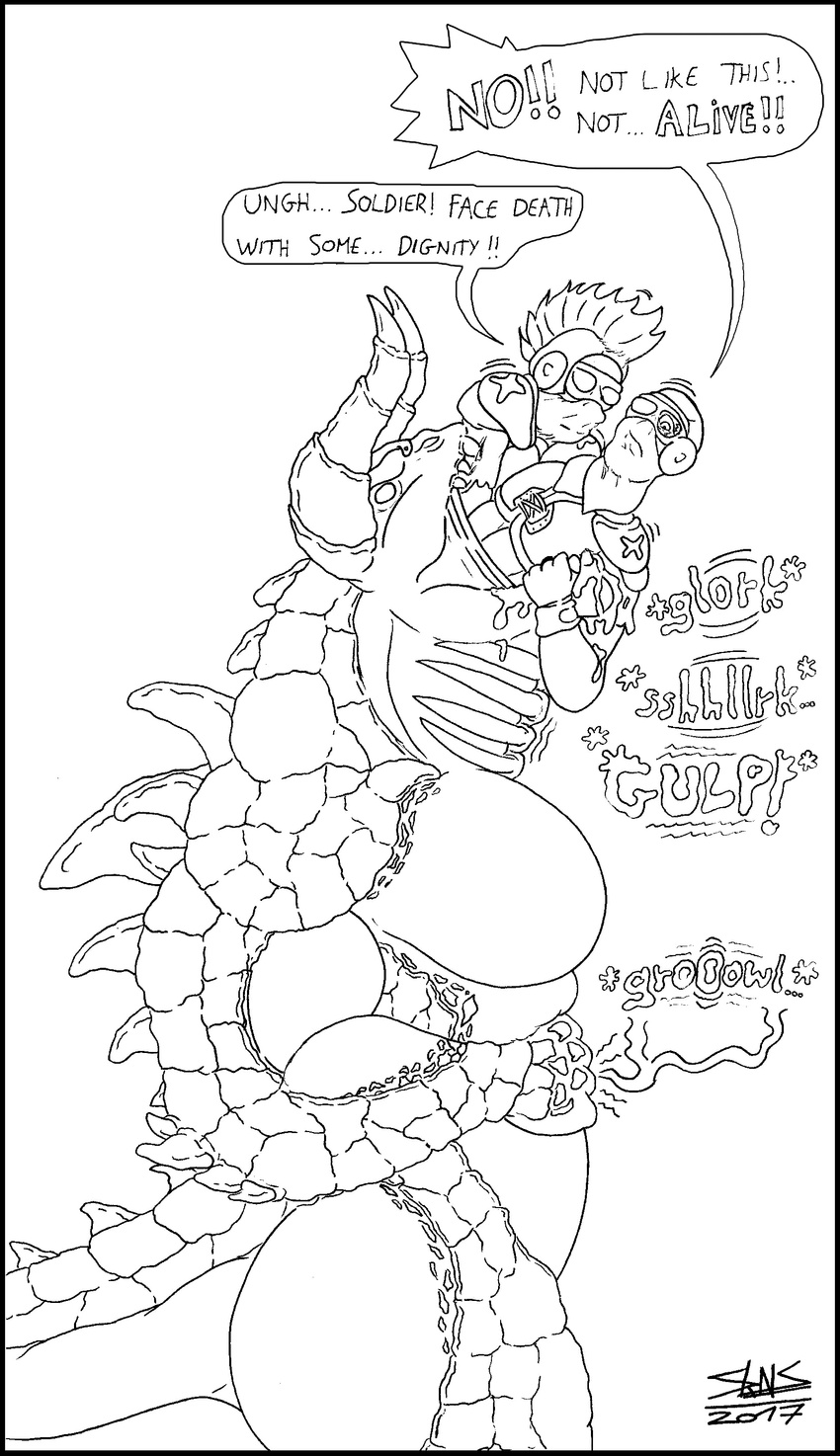 belly_noises black_and_white butt claws deathclaw fallout forced horn human legion_(fallout) line_art male mammal monochrome multiple_prey muscular neck_bulge om_nom_nom orcus_(skianous) reptile scalie skianous swallowing video_games vore