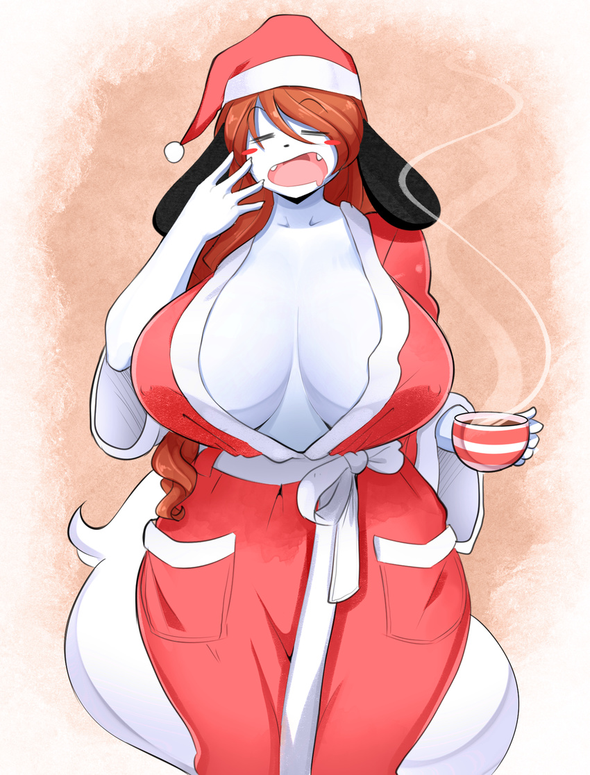2017 anthro beverage big_breasts breasts brown_hair canine christmas cleavage clothed clothing coffee cup cute dog eyes_closed female fur hair holidays holly_applebee huge_breasts mammal mature_female mother open_mouth parent solo theycallhimcake thick_thighs voluptuous white_fur wide_hips yawn