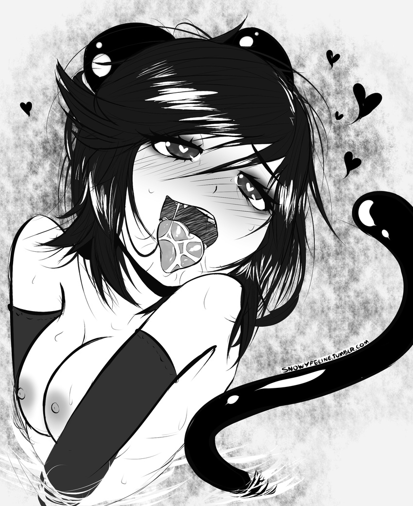 animal_humanoid blush breasts cat_humanoid feline female greyscale hi_res humanoid mammal monochrome nipples snowyfeline solo tongue