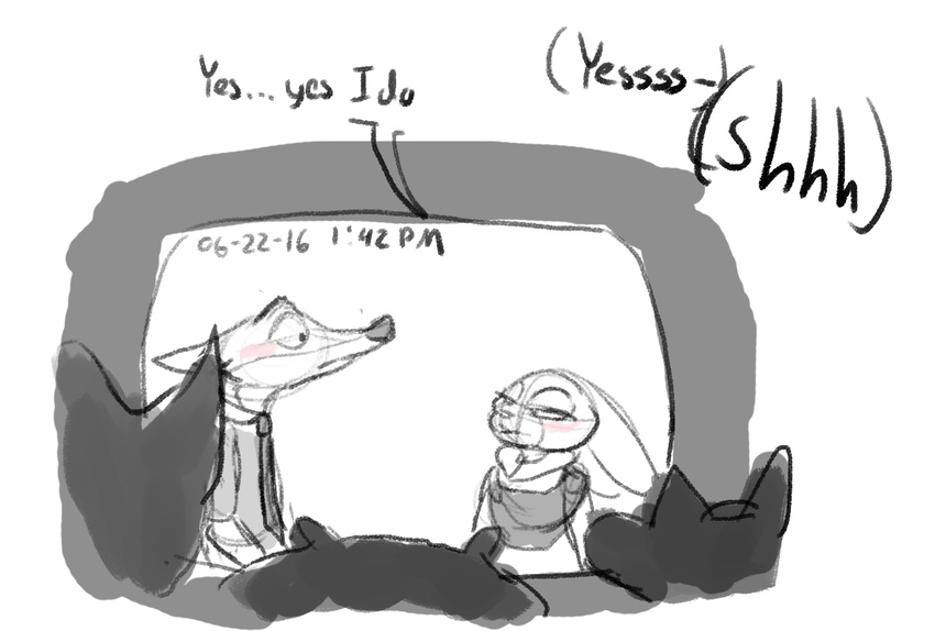 2016 anthro benjamin_clawhauser blush canine chief_bogo clothing comic dialogue disney dravening duo_focus feline female fox fur greyscale group judy_hopps lagomorph male mammal monochrome nick_wilde police rabbit red_fox shush simple_background sketch spot_color time_stamp uniform white_background wolf zootopia