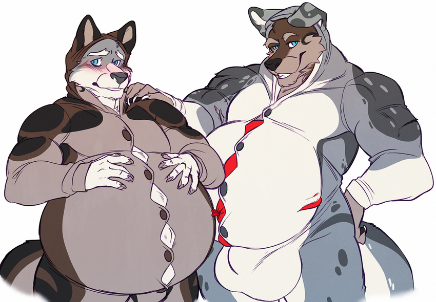 anthro balls big_balls bulge canine dog hybrid kigurumi logie malamute male male_pregnancy mammal pregnant simple_background the-narutoshi wolf wuffamute