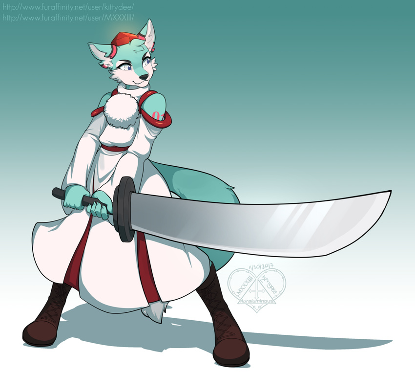 2017 5_fingers anthro armwear black_nose blue_fur boots canine clothed clothing cosplay crossdressing detached_sleeves digital_media_(artwork) footwear fox fur gradient_background hat holding_object holding_weapon japanese_clothing kittydee male mammal melee_weapon momiji_inubashiri pale_eyes pom_clothing roflfox simple_background skirt smile solo sword tokin_hat touhou weapon