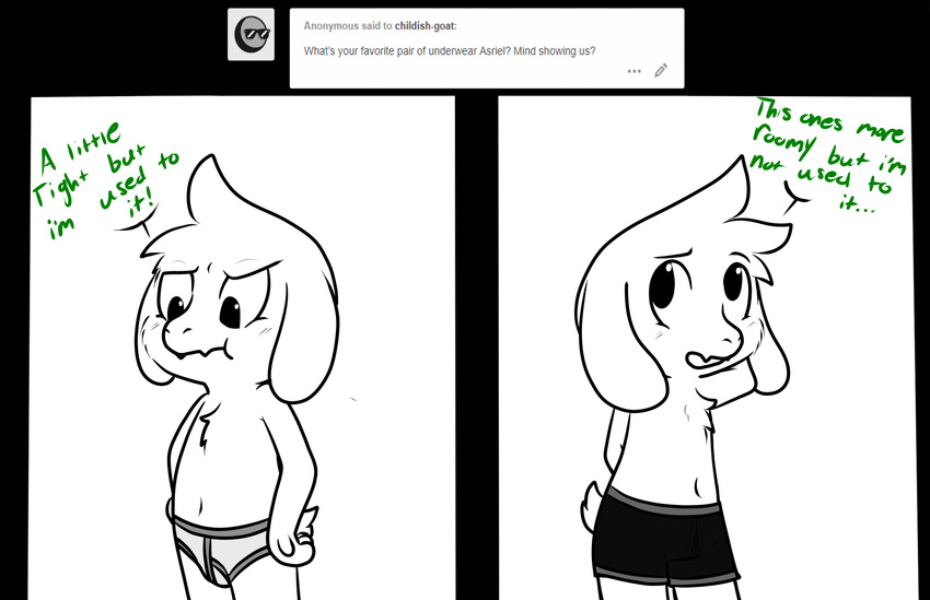 anon ask_blog asriel asriel_dreemurr boxers_(clothing) briefs bulge caprine clothing contimplatininspiratio cub dialogue english_text fur goat male mammal monster solo standing text tumblr undertale underwear video_games young