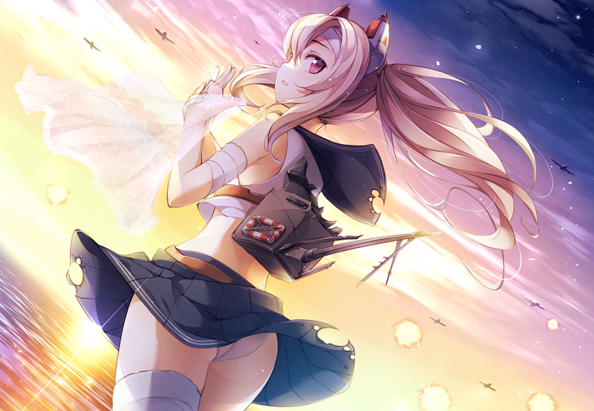 aircraft airplane ass ayanami_(azur_lane) azur_lane bandages belt commentary_request crop_top dutch_angle evening floating_hair hair_between_eyes hands_up headgear highres horizon long_hair looking_at_viewer looking_back matsuuni midriff miniskirt ocean open_mouth outdoors panties parted_lips pink_eyes pleated_skirt profile rigging sidelocks silver_hair skirt sleeveless smile solo thighs twintails underwear white_panties