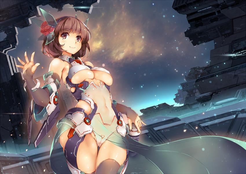 bodysuit brown_eyes brown_hair mechagirl mkiiiiii_(chuanxcc) original see_through short_hair skintight space thighhighs underboob windforcelan