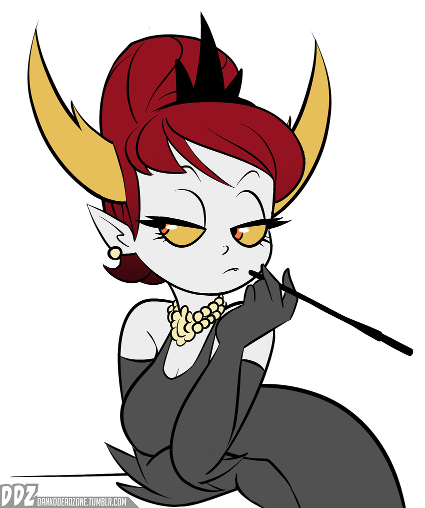 breakfast_at_tiffanys breasts cigar clothing crown dankodeadzone demon disney ear_piercing elbow_spikes fancy_dress fangs female hair half-closed_eyes hekapoo horn humanoid jewelry necklace orange_pupils pale_skin piercing pointy_ears red_hair solo spikes star_vs._the_forces_of_evil suspicious white_skin yellow_eyes
