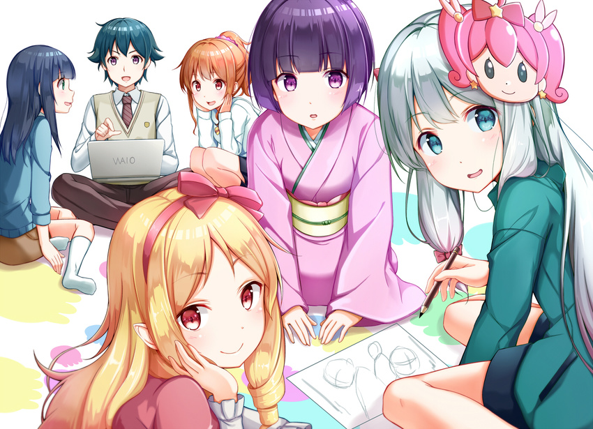 blonde_hair blue_eyes blue_hair blush bow brown_hair computer eromanga-sensei green_eyes headband izumi_masamune izumi_sagiri japanese_clothes jinno_megumi kneehighs loli long_hair male mask na53 pointed_ears ponytail purple_eyes purple_hair red_eyes seifuku senju_muramasa short_hair takasago_tomoe tie white_hair yamada_elf