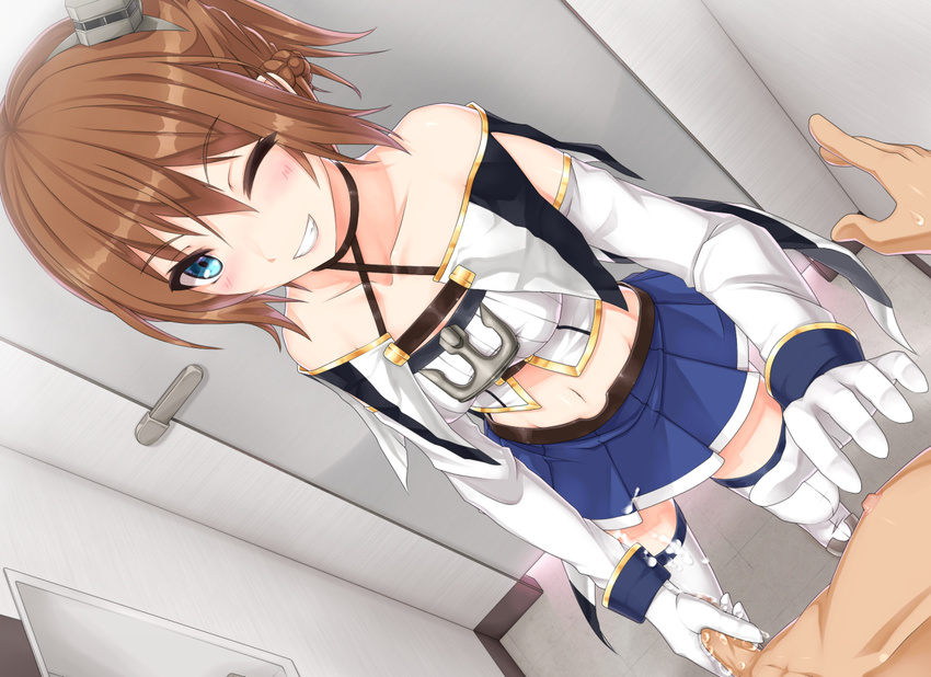 1girl anchor azur_lane bangs bare_shoulders blue_eyes brown_hair clothed_female_nude_male cubicle cum cum_on_body cum_on_clothes cum_on_lower_body detached_sleeves dutch_angle gloves grin handjob hat hetero indoors looking_at_viewer midriff mini_hat nm_(tshell2761) nude one_eye_closed open_mouth penis pleated_skirt pov repulse_(azur_lane) short_hair skirt smile solo_focus thighhighs white_gloves