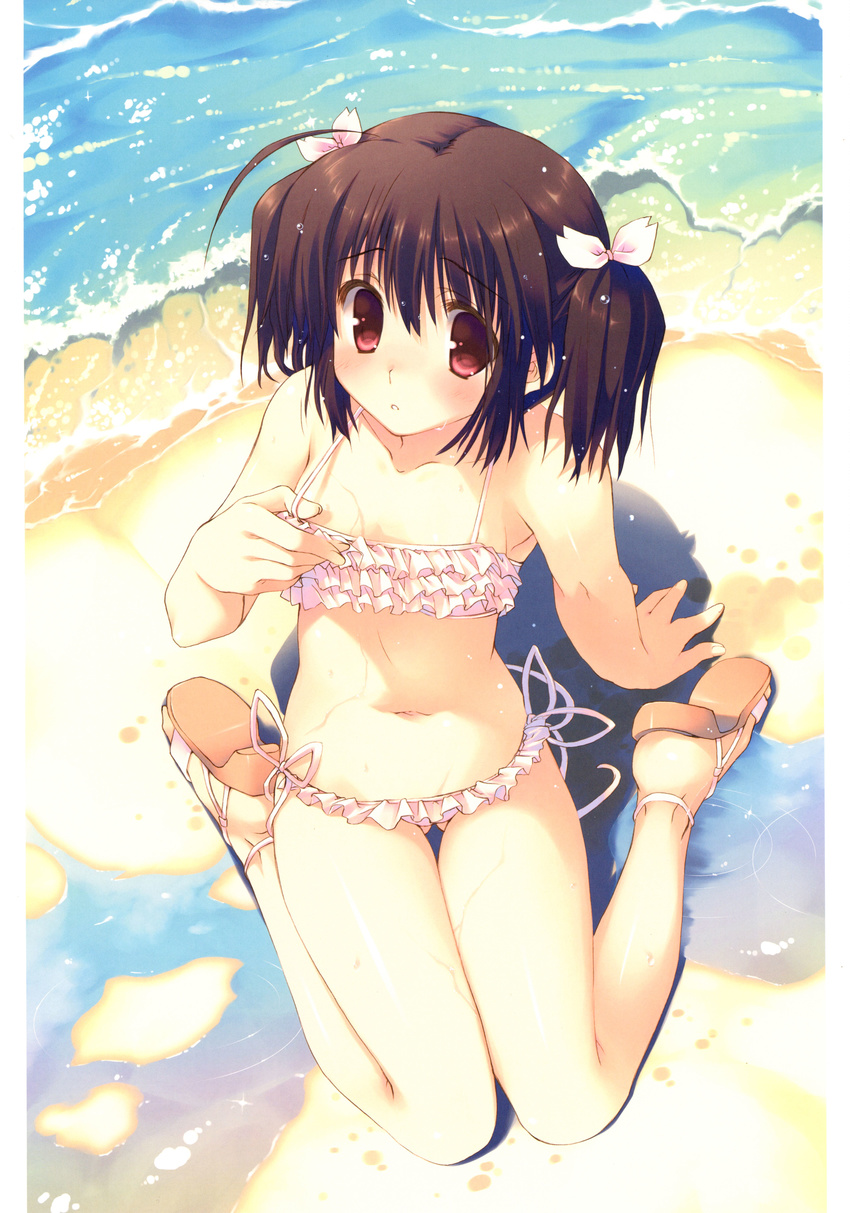 absurdres arm_support bare_shoulders bikini blush bow breasts brown_hair collarbone day frilled_bikini frills full_body hair_bow highres looking_at_viewer mitsumi_misato navel official_art open_toe_shoes outdoors parted_lips red_eyes sand scan shadow short_twintails sitting small_breasts solo swimsuit to_heart_2 twintails wariza water yuzuhara_konomi