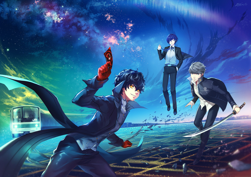 1991_(blz) all_male aqua_eyes arisato_minato black_hair blue_hair building city clouds gloves gray_eyes gray_hair katana kurusu_akira male narukami_yuu necklace night persona persona_3 persona_4 persona_5 short_hair sky stars suit sword train weapon yellow_eyes