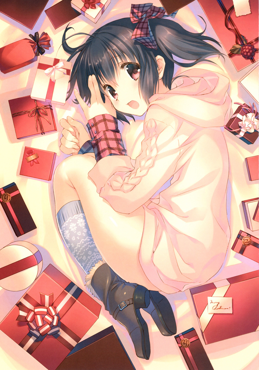 absurdres ankle_boots bangs boots bow box brown_hair eyebrows_visible_through_hair fur_trim gift gift_box hair_bow highres hood long_sleeves looking_at_viewer lying mitsumi_misato official_art on_side open_mouth print_legwear red_eyes scan short_hair short_twintails smile solo sweater to_heart_2 twintails yuzuhara_konomi