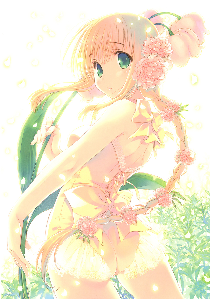 absurdres ass bangs bare_shoulders blonde_hair braid eyebrows_visible_through_hair flower green_eyes hair_flower hair_ornament highres leotard long_hair looking_at_viewer looking_back mitsumi_misato official_art open_mouth petals plant scan silfa single_braid solo to_heart_2 to_heart_2_dungeon_travelers