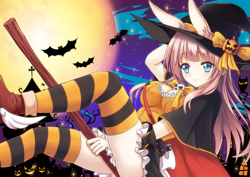 animal animal_ears aqua_eyes bat bow breasts guhua67 halloween hat long_hair moon original pink_hair pumpkin skirt thighhighs witch_hat