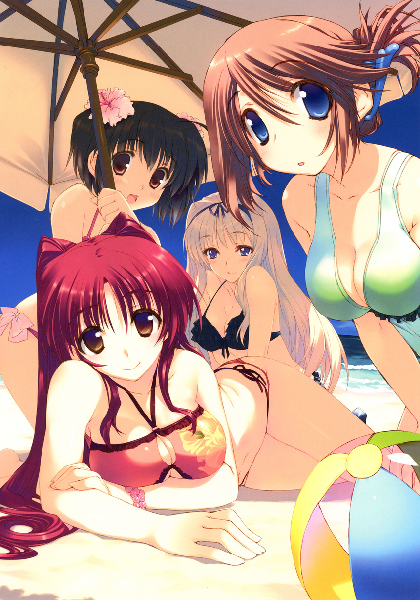 absurdres ball bangs beach beach_umbrella beachball bead_bracelet beads bikini black_bikini blue_eyes bow bowtie bracelet breasts brown_eyes brown_hair cleavage collarbone day eyebrows_visible_through_hair floral_print flower hair_flower hair_ornament hair_ribbon hairclip hibiscus highres jewelry kneeling komaki_manaka kousaka_tamaki kusugawa_sasara large_breasts long_hair looking_at_viewer lying mitsumi_misato multiple_girls ocean official_art on_side open_mouth outdoors red_eyes red_hair ribbon scan side-tie_bikini sitting smile swimsuit to_heart_2 twintails umbrella water yuzuhara_konomi