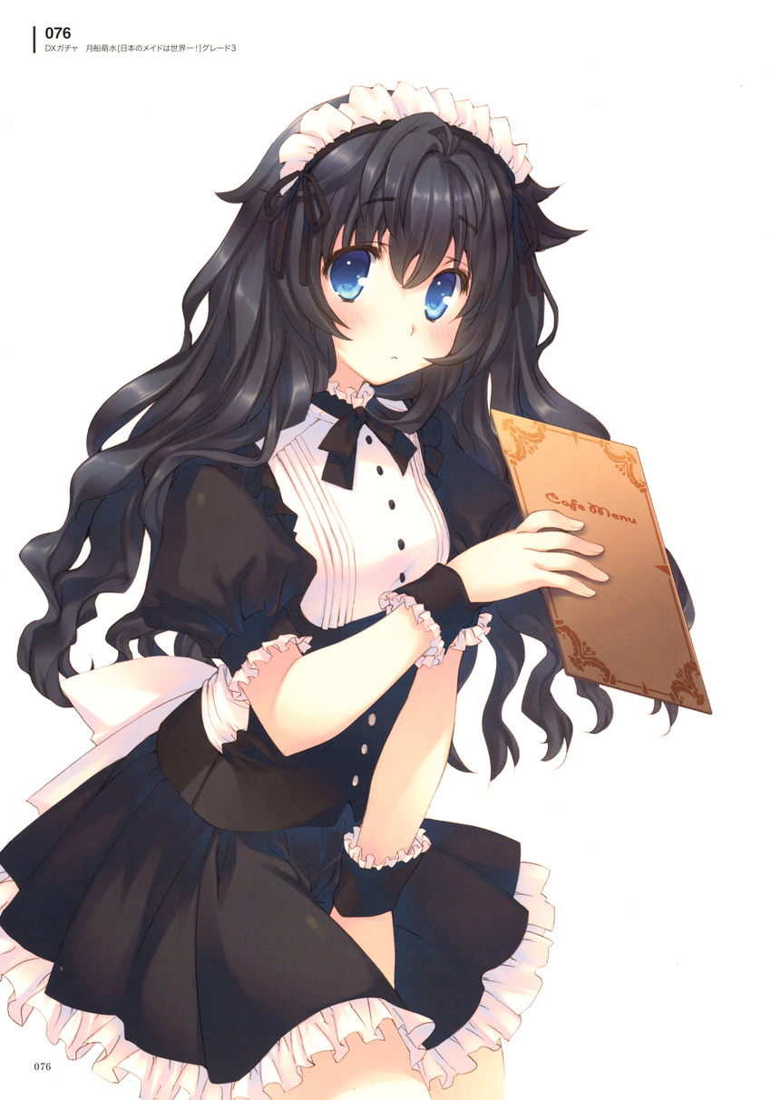absurdres bangs black_dress black_hair blue_eyes blush bow bowtie breasts dress eyebrows_visible_through_hair highres holding long_hair looking_at_viewer maid maid_headdress menu mitsumi_misato official_art puffy_sleeves scan short_dress short_sleeves simple_background small_breasts solo to_heart_2 tsukifune_moemi wavy_hair white_background wrist_cuffs
