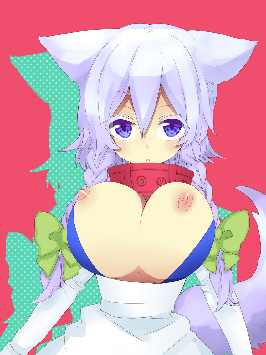 animal_ears bad_id bad_pixiv_id blue_eyes bouncing_breasts braid breasts collar dog_ears dog_tail highres izayoi_sakuya kemonomimi_mode kotobuki_(medetai) large_breasts nipples short_hair silver_hair solo tail touhou twin_braids