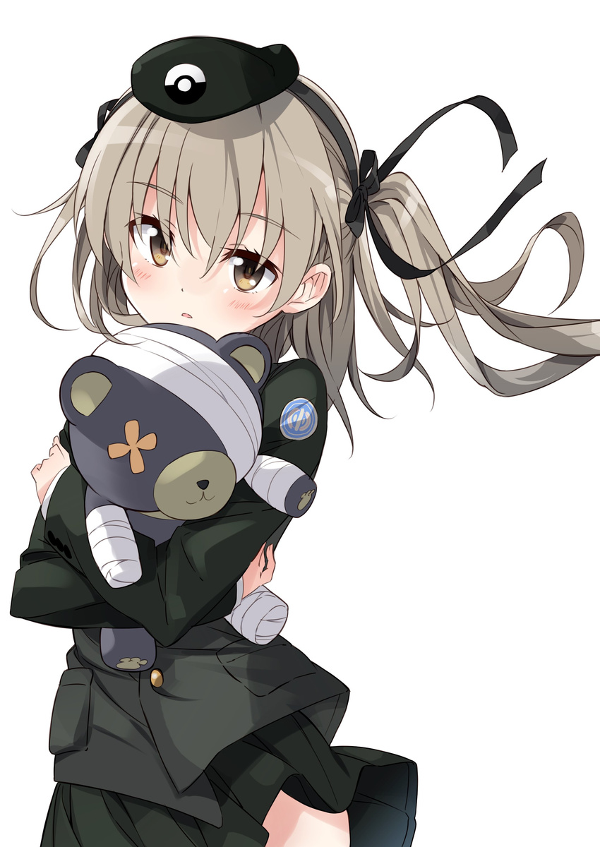 absurdres beret black_ribbon blush boko_(girls_und_panzer) brown_eyes emblem eyebrows_visible_through_hair eyes_visible_through_hair floating_hair girls_und_panzer green_jacket green_skirt hair_between_eyes hair_ribbon hat highres holding holding_stuffed_animal jacket japanese_tankery_league_(emblem) long_hair long_sleeves looking_at_viewer military military_uniform mousou_(mousou_temporary) parted_lips pleated_skirt ribbon selection_university_(emblem) selection_university_military_uniform shimada_arisu silver_hair simple_background skirt solo standing stuffed_animal stuffed_toy teddy_bear twintails uniform upper_body white_background