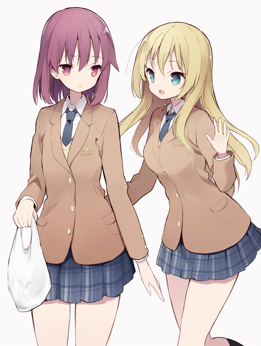 2girls bag blonde_hair blue_eyes blue_neckwear blue_skirt grocery_bag highres itsumi_(itumiyuo) miyanaga_teru multiple_girls oohoshi_awai plaid plaid_skirt purple_eyes purple_hair saki school_uniform shopping_bag skirt standing