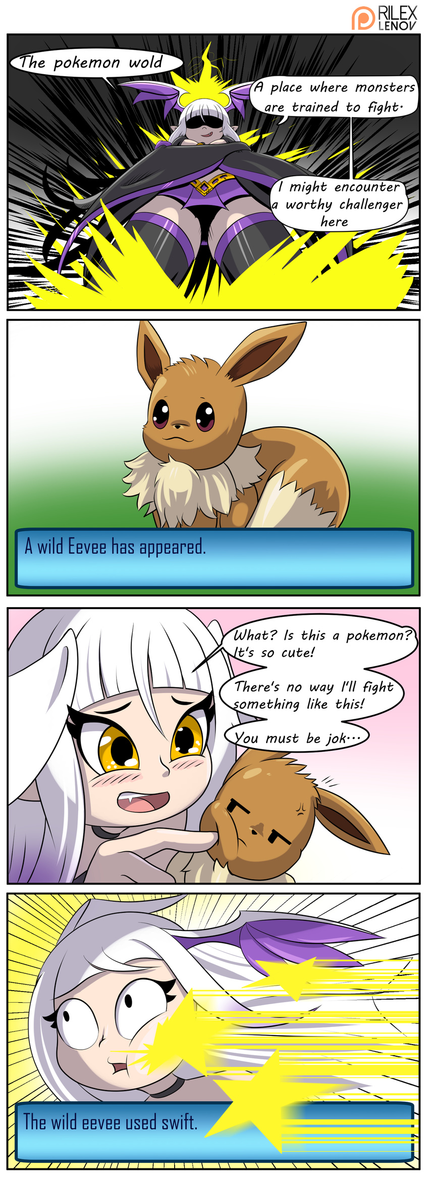 2017 absurd_res ambiguous_gender brown_fur clothed clothing comic demon dialogue digital_media_(artwork) duo eevee english_text female feral fight fur hair hi_res humanoid mammal mellow_(character) nintendo open_mouth pok&eacute;mon pok&eacute;mon_(species) rilex_lenov star teeth text video_games white_hair wings yellow_eyes
