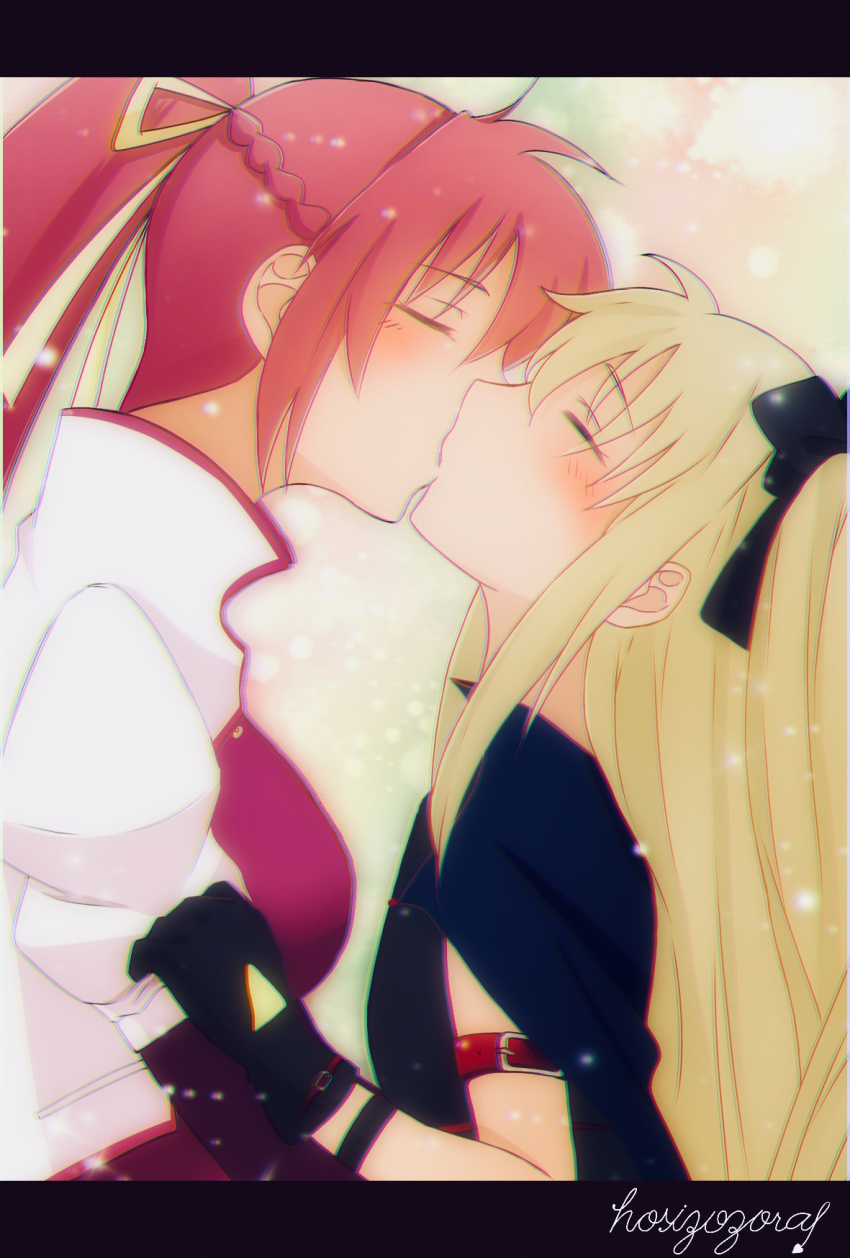 armband blonde_hair blush breasts cape eyes_closed fate_testarossa gloves hair_ornament hair_ribbon kiss large_breasts lyrical_nanoha mahou_shoujo_lyrical_nanoha_a's ponytail ribbon signum size_difference small_breasts sparkle_background yuri