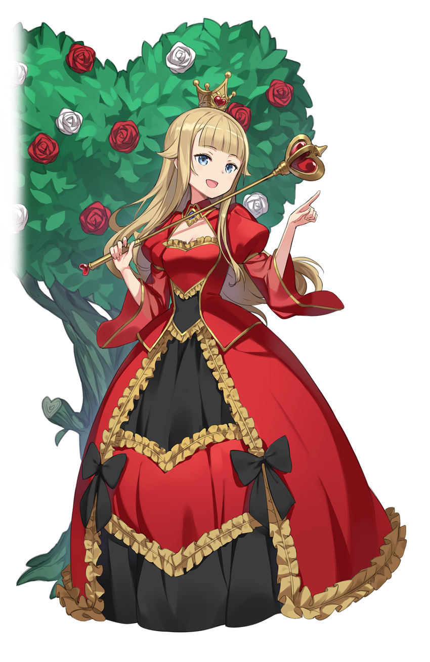 :d alice_in_wonderland bangs black_bow blonde_hair blue_eyes blunt_bangs bow cosplay crown dress flower frilled_dress frills full_body heart highres juliet_sleeves long_hair long_sleeves looking_at_viewer makaria official_art open_mouth pointing princess_(princess_principal) princess_principal princess_principal_game_of_mission puffy_sleeves queen_of_hearts queen_of_hearts_(cosplay) red_dress rose scepter smile solo standing transparent_background tree white_flower white_rose wide_sleeves
