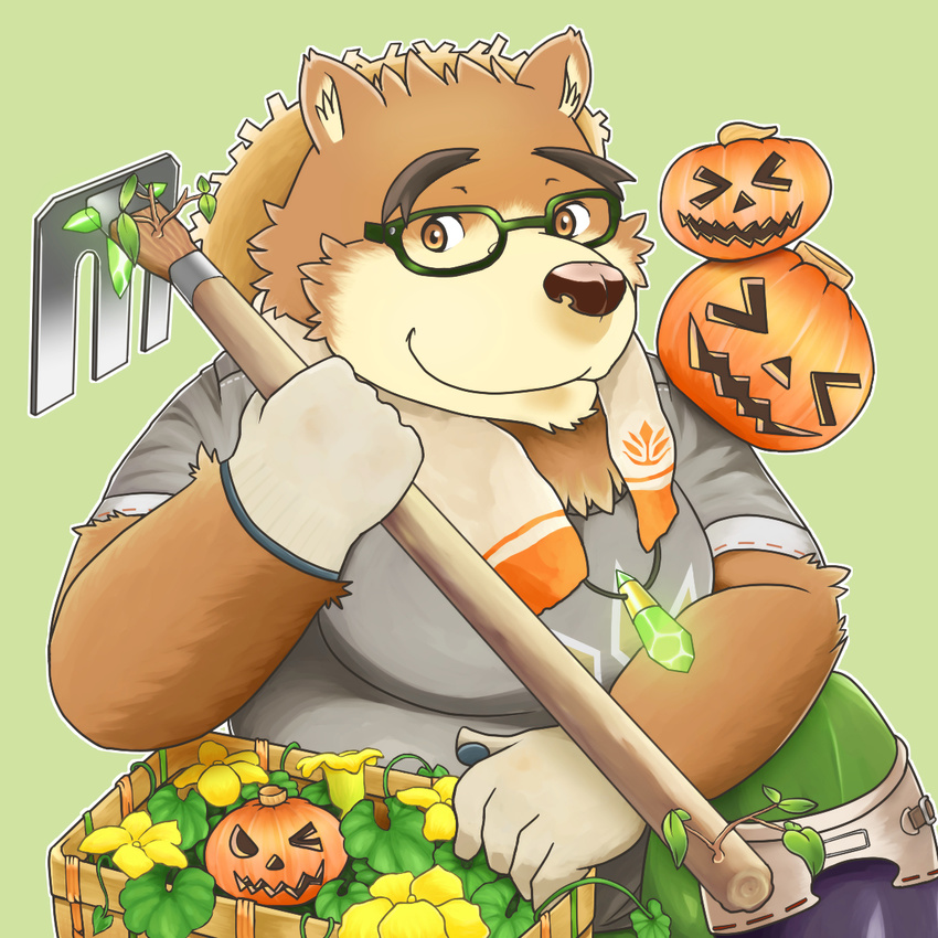 2017 5keys_x86 anthro bear clothed clothing food fruit green_background hat male mammal pumpkin simple_background sitting solo straw_hat tokyo_afterschool_summoners towel volos 五鍵