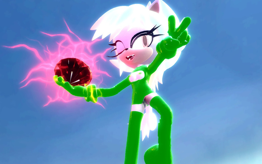 chaos_emerald clothed clothing colored_eyes colored_nipples equinox~! fan_character feline gloves glowing green_gloves green_pussy hair mammal metal_sonic mind_control nipple_piercing nipples paralyzed piercing pussy sonic_(series) sparking sweater teeth topless virgin_killer_sweater white_hair