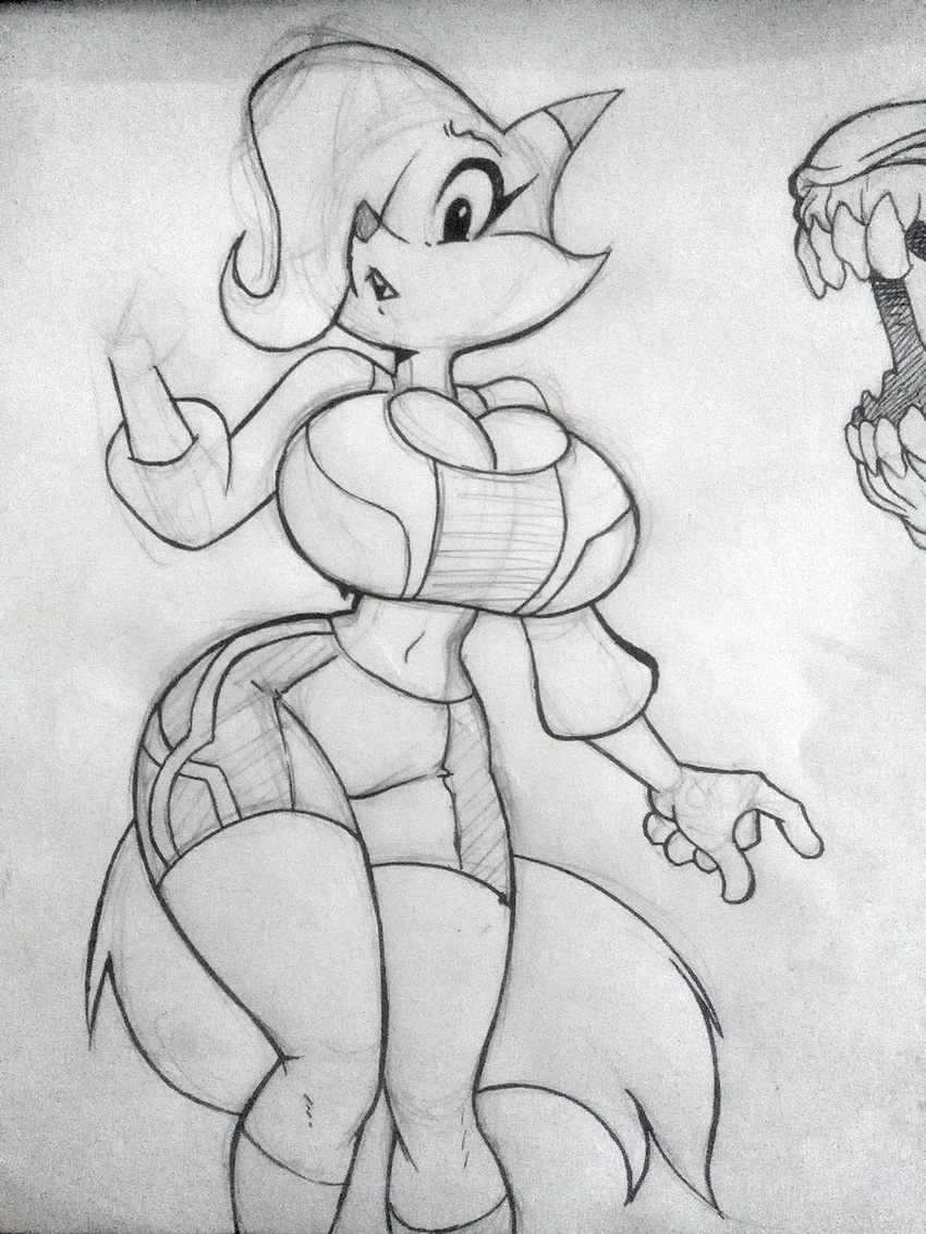 auntie_vixen big_breasts breasts canine chochi cleavage clothed clothing female fox hourglass_figure huge_breasts mammal midriff pencil_(artwork) shorts sketch solo tight_clothing traditional_media_(artwork) voluptuous wide_hips