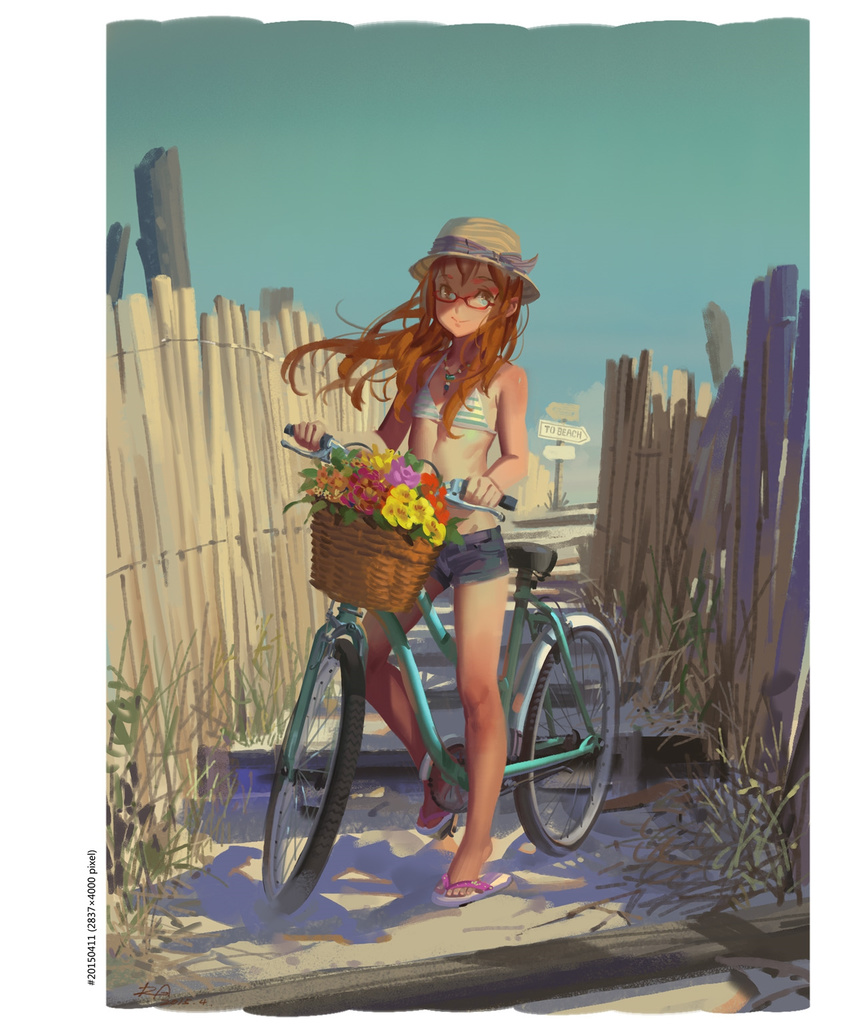 alphonse_(white_datura) bangs basket bicycle bicycle_basket bikini_top blue_eyes blue_shorts blue_sky brown_hair closed_mouth day fence flat_chest flip-flops flower flower_basket glasses ground_vehicle hat highres long_hair looking_at_viewer non-web_source orange_flower original outdoors purple_flower red-framed_eyewear red_flower sandals short_shorts shorts sky smile solo striped striped_bikini_top swimsuit white_footwear yellow_flower