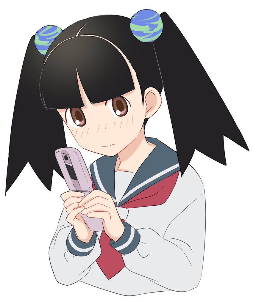 bangs black_hair blue_sailor_collar blunt_bangs blush brown_eyes cellphone closed_mouth cropped_torso embarrassed flip_phone highres holding holding_phone long_sleeves looking_at_viewer neckerchief necktie otonashi_meru phone red_neckwear sailor_collar sayonara_zetsubou_sensei school_uniform sekina serafuku shirt simple_background solo twintails upper_body white_background white_shirt