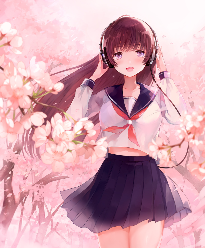 arms_up bangs blurry blush cherry_blossoms commentary_request depth_of_field floating_hair headphones highres long_hair long_sleeves looking_at_viewer open_mouth original outdoors pleated_skirt purple_eyes school_uniform serafuku skirt solo standing tlla tree