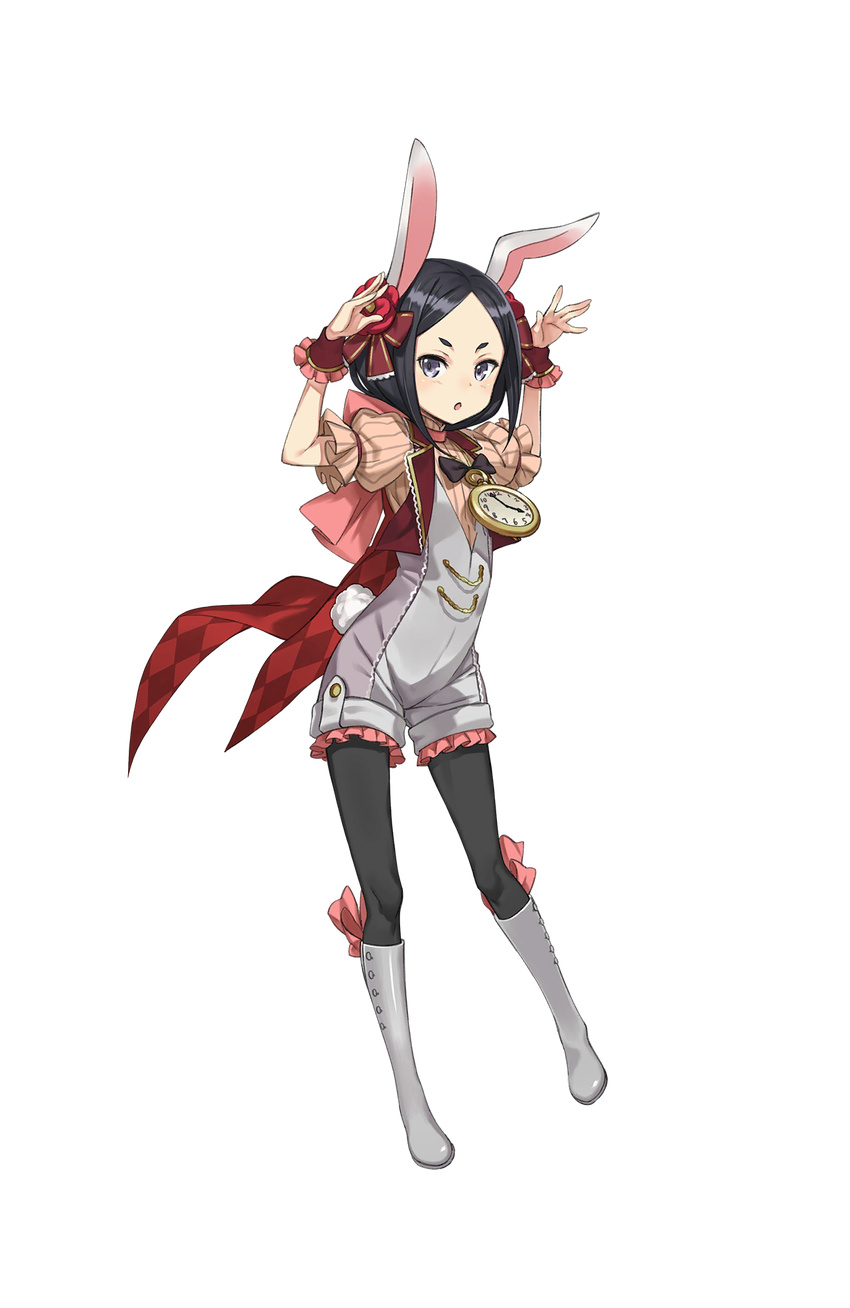 alice_in_wonderland black_bow black_eyes black_hair black_legwear boots bow chestnut_mouth cosplay eyebrows flower forehead full_body hair_flower hair_ornament hands_up highres knee_boots looking_at_viewer makaria official_art pantyhose princess_principal princess_principal_game_of_mission puffy_short_sleeves puffy_sleeves short_hair short_sleeves solo standing stopwatch toudou_chise transparent_background vest waistcoat watch white_footwear white_rabbit white_rabbit_(cosplay) wrist_cuffs