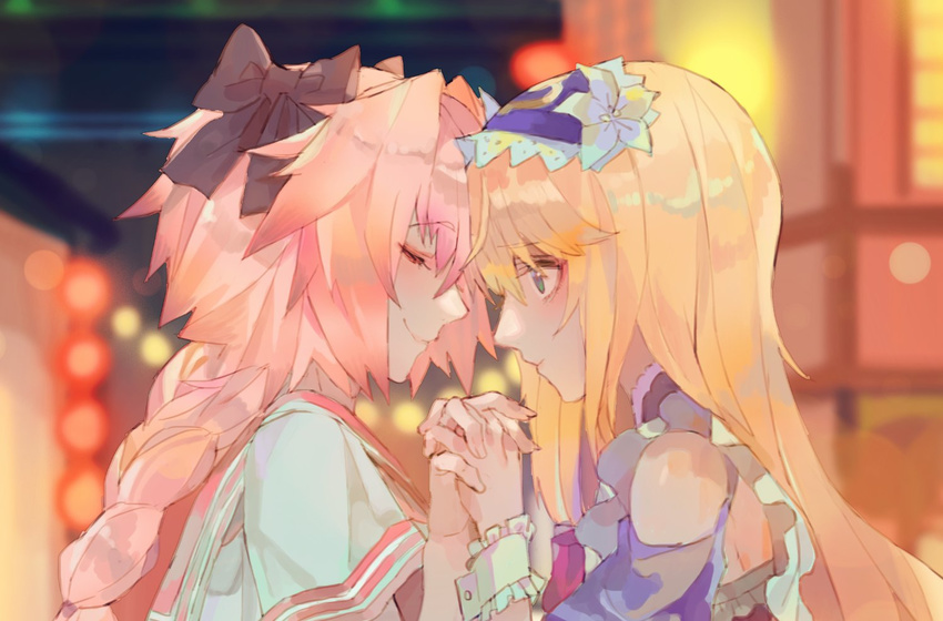 1other androgynous astolfo_(fate) bangs bare_shoulders black_bow blonde_hair blue_dress blue_eyes blurry blurry_background blush bow braid chevalier_d'eon_(fate/grand_order) closed_eyes closed_mouth depth_of_field dress eyebrows_visible_through_hair facing_another fate/grand_order fate_(series) frilled_hairband frills from_side hair_between_eyes hair_bow hairband interlocked_fingers kibadori_rue light_smile long_hair looking_at_another multiple_boys neon_lights night outdoors pink_hair profile red_sailor_collar sailor_collar school_uniform serafuku shirt single_braid smile white_shirt wristband