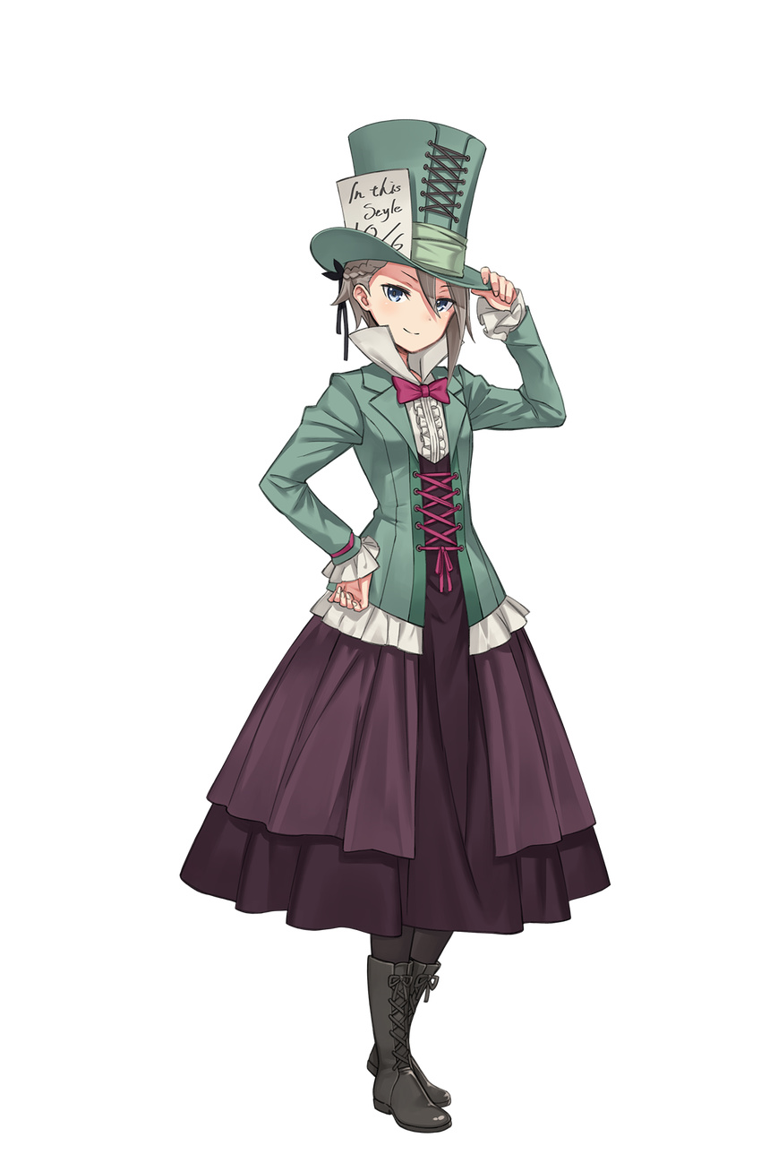 adjusting_clothes adjusting_hat alice_in_wonderland ange_(princess_principal) black_footwear blue_eyes boots bow bowtie braid brown_footwear cosplay cross-laced_clothes cross-laced_footwear dress full_body green_hat grey_hair hand_on_hip hat highres long_sleeves looking_at_viewer mad_hatter mad_hatter_(cosplay) makaria official_art pantyhose princess_principal princess_principal_game_of_mission shoes short_hair skirt smile solo standing top_hat transparent_background