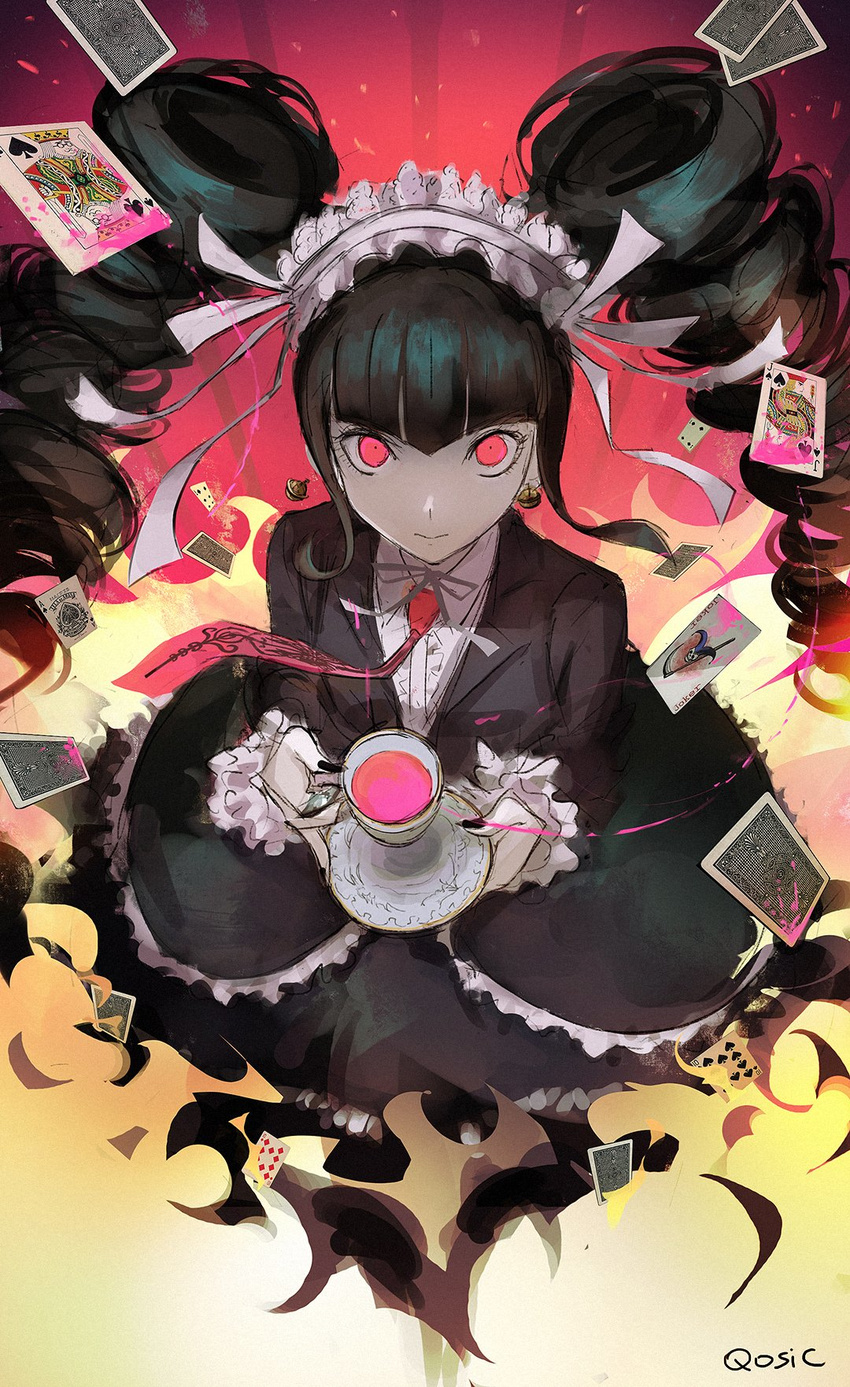 black_hair bonnet card celestia_ludenberck danganronpa danganronpa_1 drill_hair gothic_lolita highres lolita_fashion long_hair looking_at_viewer necktie qosic red_eyes skirt solo twin_drills twintails very_long_hair