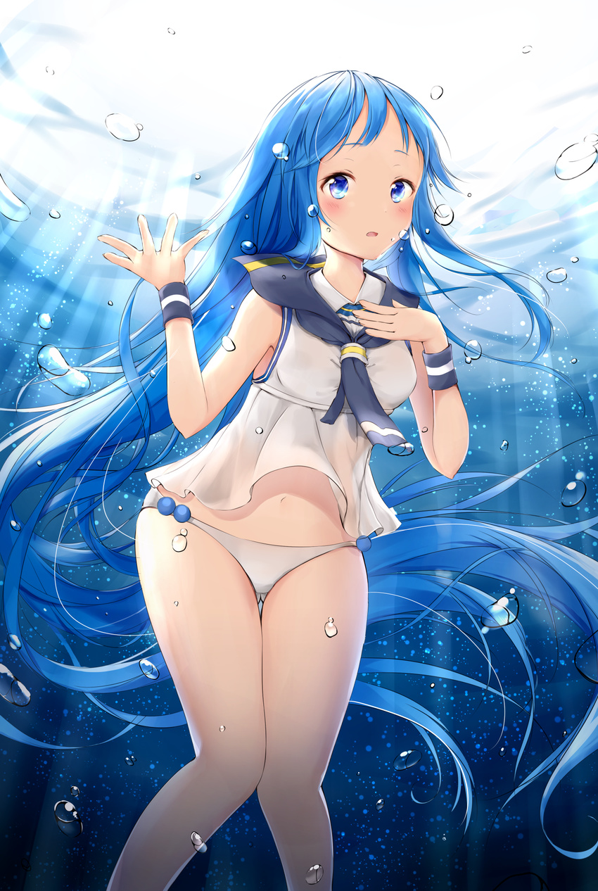 air_bubble ass_visible_through_thighs bare_arms bare_shoulders bikini bikini_bottom blue blue_eyes blue_hair blue_neckwear blush breasts bubble day feet_out_of_frame forehead hand_on_own_chest hands_up highres ichinose_kizuki kantai_collection knees_together_feet_apart long_hair looking_at_viewer medium_breasts neckerchief outdoors sailor_collar samidare_(kantai_collection) shiny shiny_hair shirt sleeveless sleeveless_shirt solo submerged swimsuit tareme thigh_gap underwater very_long_hair white_bikini white_shirt wristband