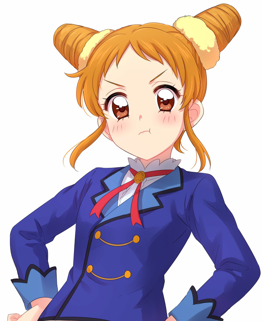 :t aikatsu! aikatsu!_(series) arisugawa_otome blouse blue_jacket blush closed_mouth double_bun frown hands_on_hips highres jacket looking_at_viewer orange_eyes pout school_uniform sekina short_hair simple_background solo standing starlight_academy_uniform upper_body v-shaped_eyebrows white_background white_blouse