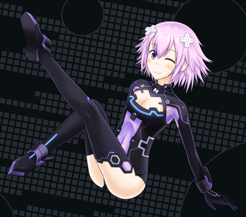 ass black_legwear blush boots breasts cleavage_cutout cosplay covered_navel d-pad d-pad_hair_ornament hair_ornament halcyon_(halcyon90) highres leg_up leotard navel neptune_(choujigen_game_neptune) neptune_(series) one_eye_closed purple_eyes purple_hair purple_heart purple_heart_(cosplay) short_hair small_breasts smile solo thigh_boots thighhighs