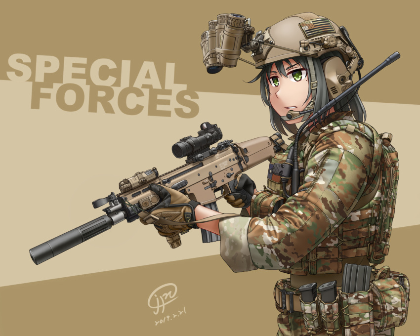 1girl assault_rifle black_hair camouflage commentary english_text fn_scar gloves green_eyes gun headset helmet highres holding holding_gun holding_weapon jpc laser_sight magazine_(weapon) military military_uniform original rifle scope simple_background solo suppressor uniform weapon
