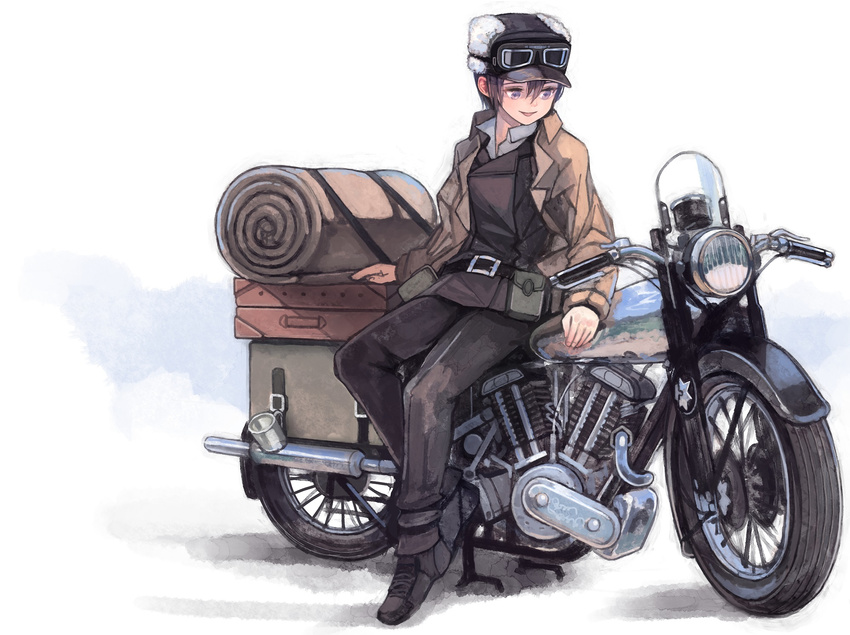 bedroll belt_pouch brough_superior coat cup fur_hat goggles goggles_on_headwear ground_vehicle hat hermes highres kino kino_no_tabi motor_vehicle motorcycle pouch reverse_trap short_hair sitting suitcase tomboy white_background window1228