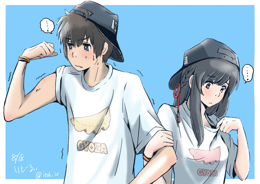 1boy 1girl backwards_hat bad_id bad_pixiv_id baseball_cap black_hair blue_background blue_eyes blush braid breast_conscious clothes_writing couple dated flexing food_print french_braid frown hair_ribbon hat hetero itoh_(user_nxu9873) kimi_no_na_wa locked_arms long_hair miyamizu_mitsuha muscle_conscious older pose print_shirt red_ribbon ribbon shirt simple_background spoken_ellipsis t-shirt tachibana_taki trembling twitter_username wavy_mouth