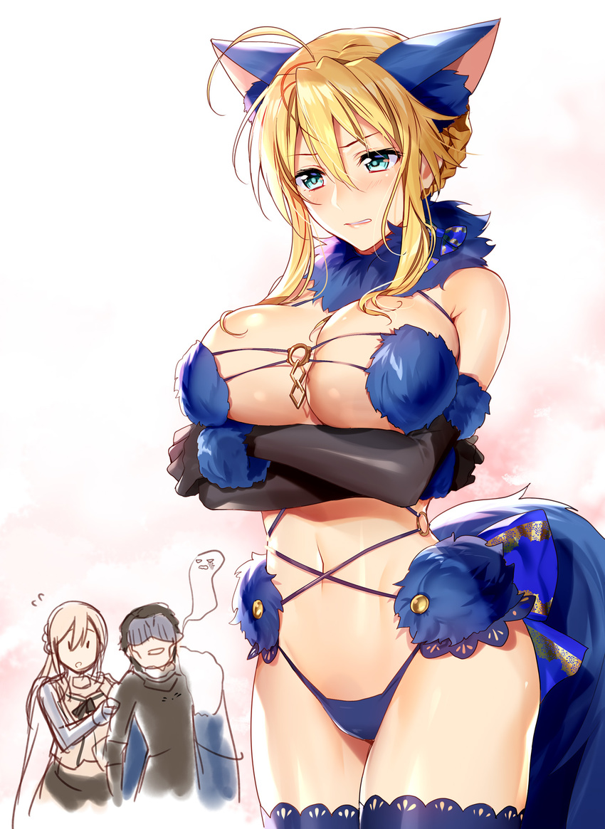 2boys agravain_(fate/grand_order) ahoge animal_ears artoria_pendragon_(all) artoria_pendragon_(lancer) bare_shoulders bedivere blonde_hair braid breasts cosplay dangerous_beast elbow_gloves fate/grand_order fate_(series) fur fur-trimmed_gloves fur-trimmed_legwear fur_collar fur_trim giving_up_the_ghost gloves green_eyes highres lace lace-trimmed_thighhighs large_breasts mash_kyrielight mash_kyrielight_(cosplay) multiple_boys murakami_yuichi navel o-ring o-ring_top tail thighhighs