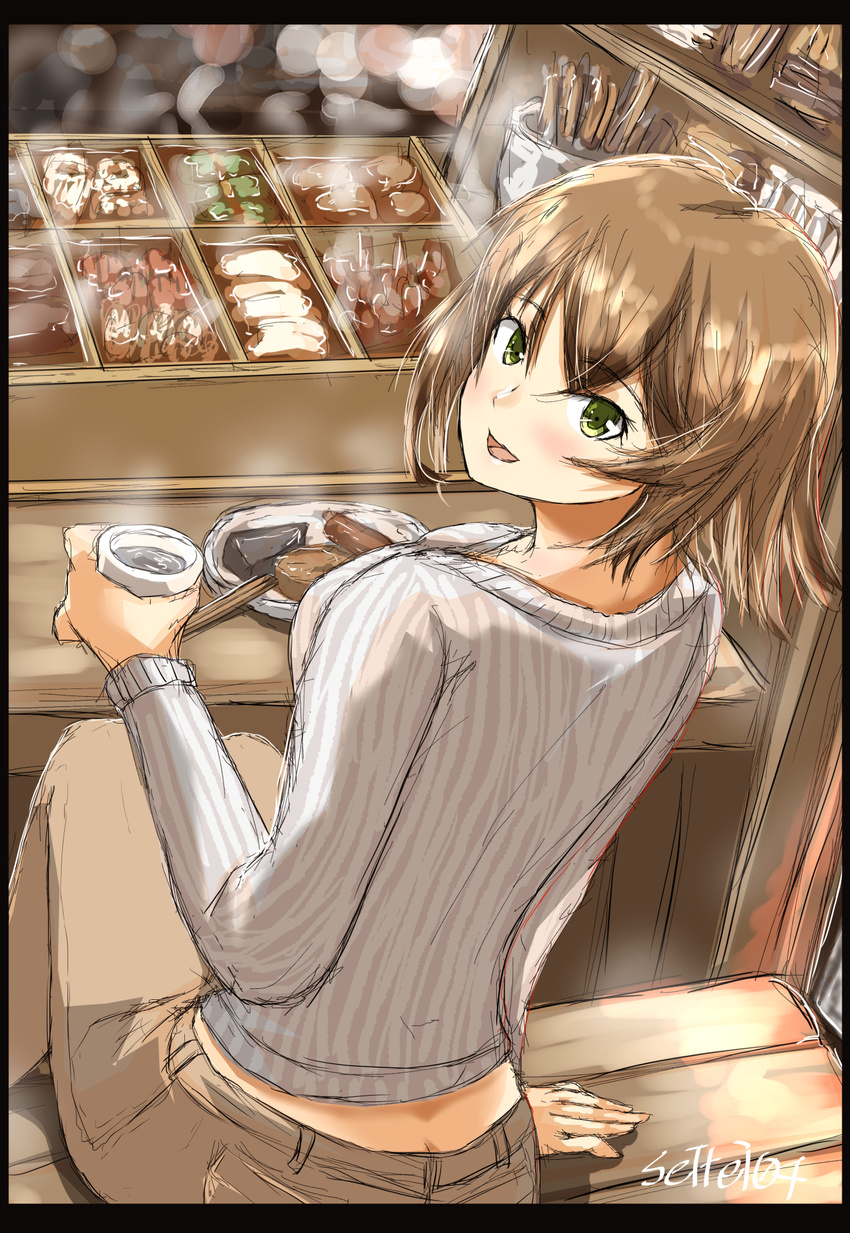 alternate_costume bench blurry blurry_background blush breasts brown_hair butt_crack casual commentary_request cup eyebrows_visible_through_hair food green_eyes highres holding holding_cup kantai_collection khakis large_breasts looking_at_viewer mutsu_(kantai_collection) oden open_mouth pants ribbed_sweater seitei_(04seitei) short_hair signature sitting sketch smile solo sweater table