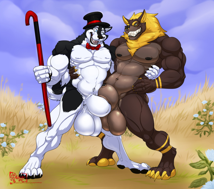 2019 4_toes 5_fingers abs animal_genitalia anpii anthro anthro_on_anthro anubian_jackal balls balls_touching biceps big_balls big_bulge black_fur black_nose black_penis black_skin blonde_hair blue_eyes bow_tie brown_skin bulge cane canid canine canis claws clothed clothing digitigrade domestic_dog duo facial_piercing fingerpads fully_sheathed fur gloves_(marking) hair hand_on_hip hat holding_object hungothenomster husky jackal looking_aside luc_pinstripe male male/male mammal mane markings multicolored_fur multicolored_skin muscular muscular_male muscular_thighs nipples nose_piercing nose_ring nude pawpads paws pecs penis penis_tip piercing sharp_teeth sheath smile socks_(marking) standing teeth toes top_hat two_tone_fur two_tone_skin white_fur white_skin