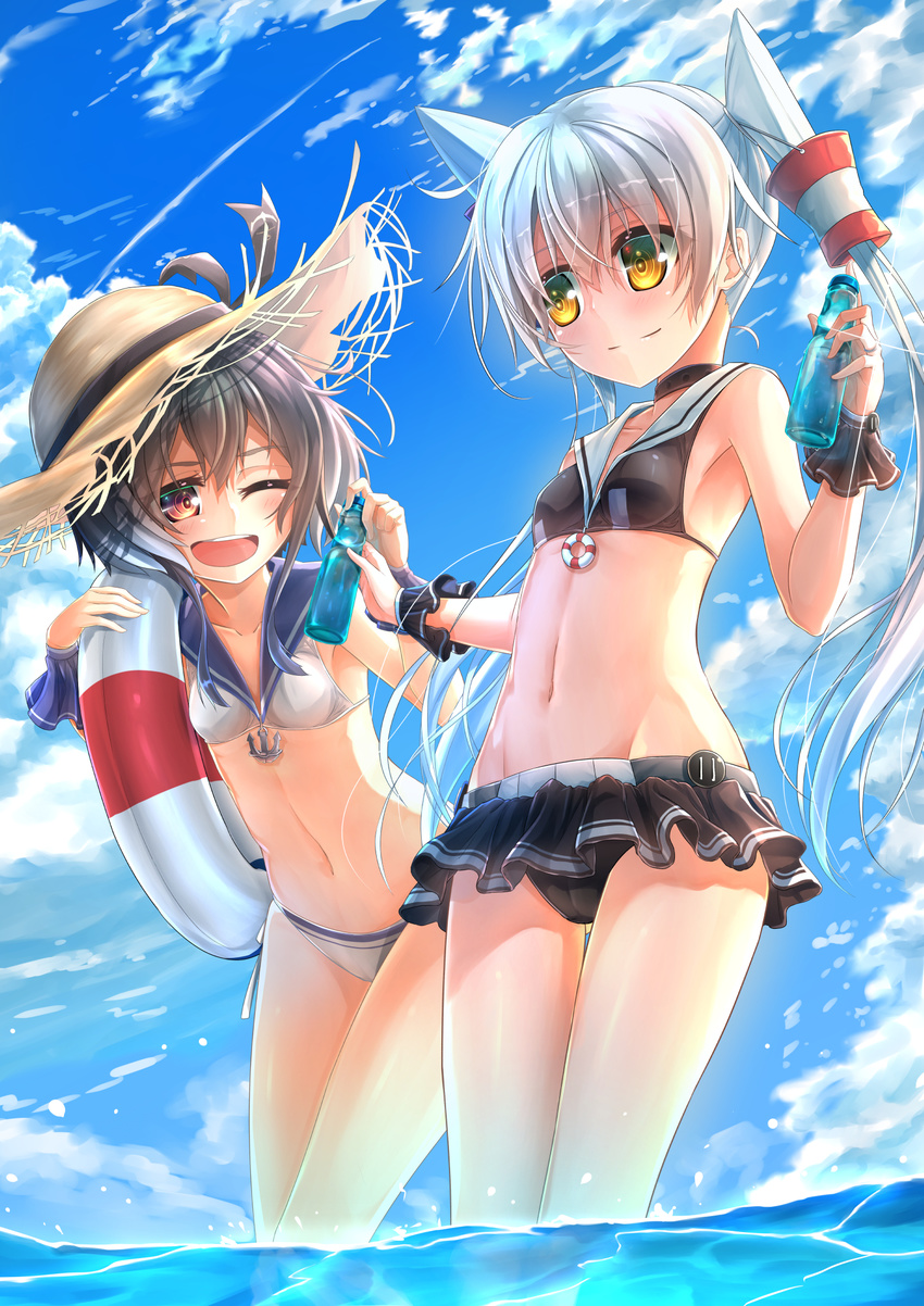 ;o alternate_hairstyle amatsukaze_(kantai_collection) anchor ass_visible_through_thighs backlighting bare_arms bikini bikini_skirt black_bikini black_choker blue_skirt blue_sky bottle breasts brown_hair cameltoe carrying_over_shoulder choker closed_mouth cloud cloudy_sky collarbone commentary condensation_trail day eye_contact eyebrows_visible_through_hair feet_out_of_frame frilled_bikini_bottom frilled_cuffs giving glint gradient_hair grey_hair groin hair_between_eyes hair_tie hair_tubes hands_up hat hat_ribbon highres holding holding_bottle jewelry kantai_collection leaning_forward legs_together lifebuoy long_hair looking_at_another medium_hair multicolored_hair multiple_girls navel one_eye_closed open_mouth orange_eyes outdoors ribbon ring sailor_bikini sailor_collar short_hair_with_long_locks side-tie_bikini sidelocks skirt sky small_breasts smile standing straw_hat sun_hat swimsuit teeth tokitsukaze_(kantai_collection) twintails very_long_hair wading water water_bottle white_bikini white_hair wrist_cuffs yashiro yellow_eyes