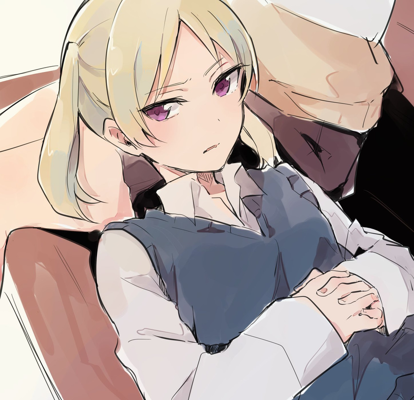 blonde_hair blue_vest collared_shirt commentary_request couch fingernails furidashi_ni_ochiru! hands_clasped highres interlocked_fingers lap_pillow long_sleeves looking_at_viewer lying monsieur multiple_girls on_back out_of_frame own_hands_together purple_eyes shirt short_hair sketch solo_focus sweater_vest vest white_shirt wing_collar
