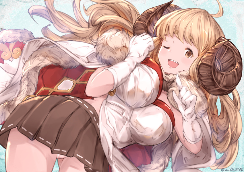 ahoge anila_(granblue_fantasy) blonde_hair blush_stickers breasts brown_eyes cape commentary_request draph eyebrows_visible_through_hair gloves granblue_fantasy highres horns large_breasts long_hair milli_little one_eye_closed panties pantyshot simple_background skirt smile solo twitter_username underwear